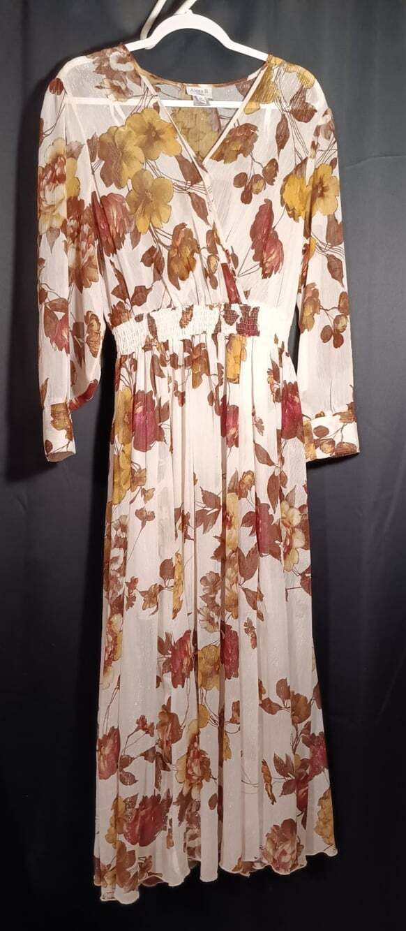 Alexa B Nites Sheer Fall Floral Chiffon Maxi Dress Long Sleeve Women’s 14 VTG